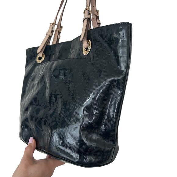 Michael Kors Black Jet Set Patent Leather Monogram Tote Shoulder Bag - Picture 8 of 9